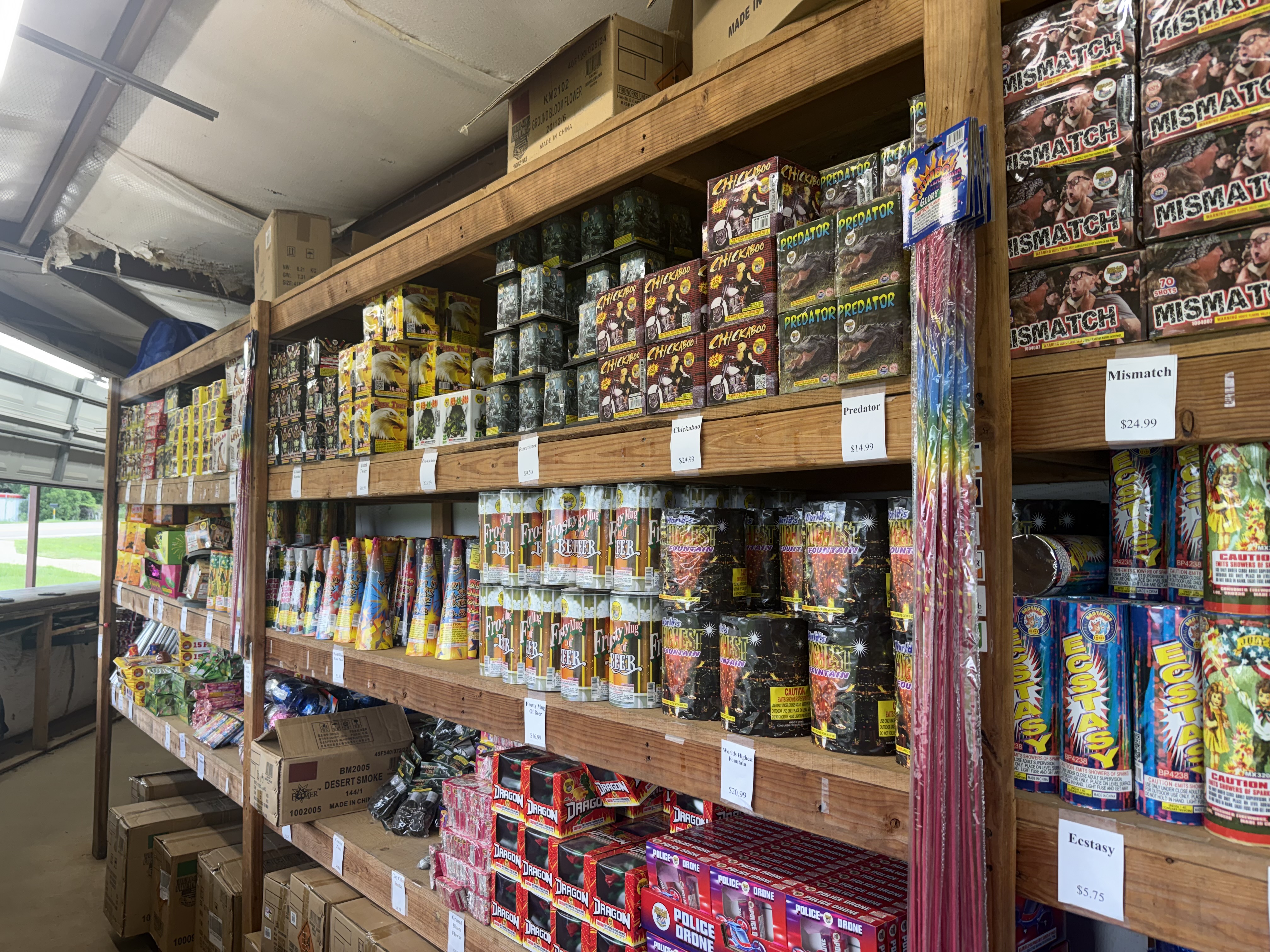 Shelves stocked with fireworks at Pappy's